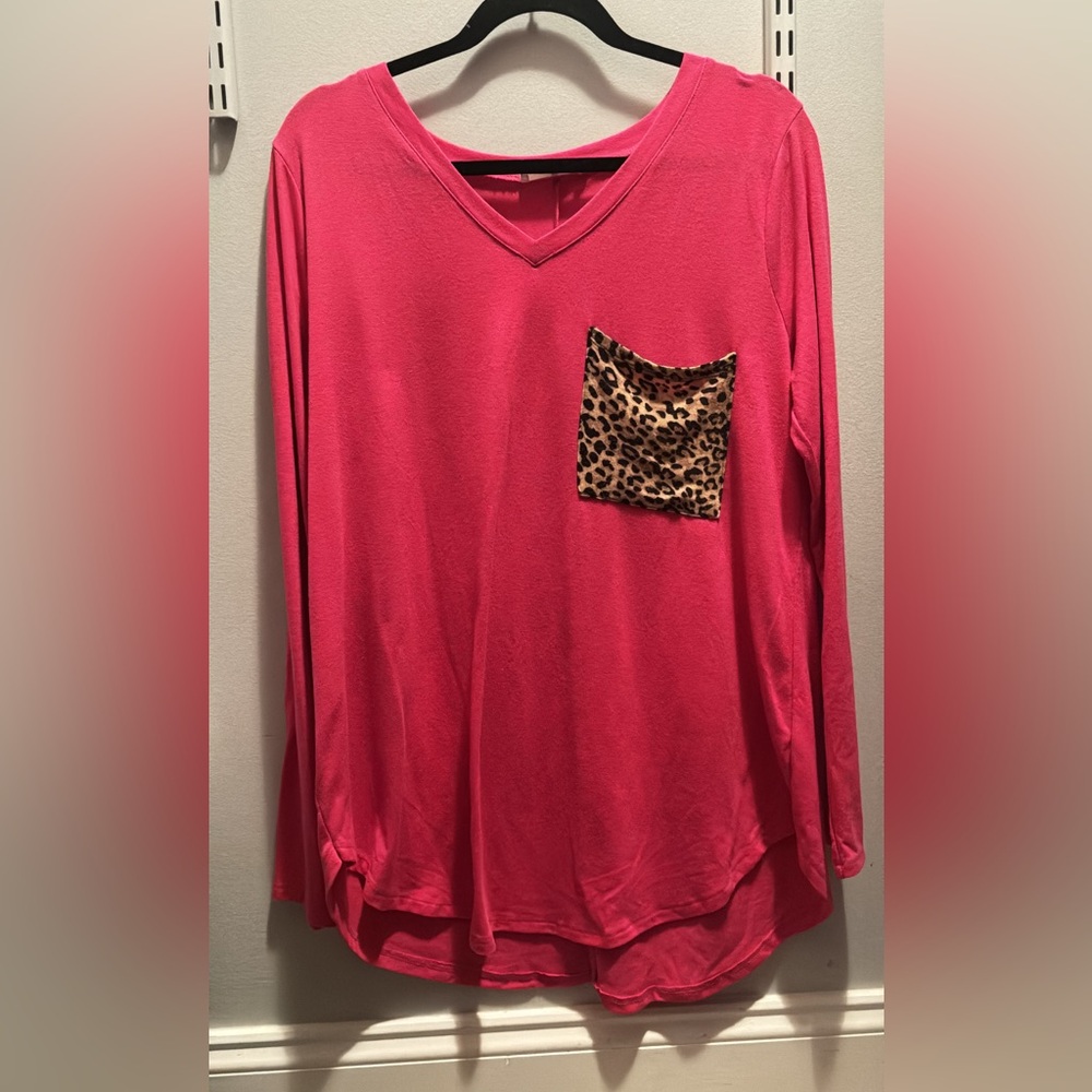 Zenana Outfitters Pink Long Sleeve Blouse with Leopard Pocket